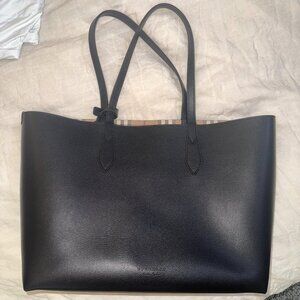 BURBERRY Grainy Calfskin Haymarket Check Medium Reversible Tote Black